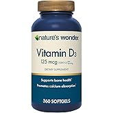 Nature's Wonder Vitamin D3 5000 IU High Potency, Gluten-Free, 360 Softgels | 125mcg, Daily Bone Health, Calcium Absorption &amp; Immune System Support Supplement for Women &amp; Men, Gluten-Free, 1 Year Supply