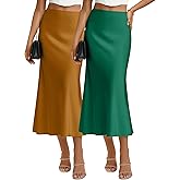 Velvelhall 2 Pack Womens Satin Midi Skirts Silk a Line Hidden Elastic High Waist Elegant Casual Flowy Long Skirts