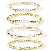 Ustome 4Pcs Christian Stack Gold Plated Seed Beaded Bracelets Set for Women, Romantic Freshwater Pearl Stretch Accessories Adjustable String Rope Cross Jewelry, Daily Friendship Gift