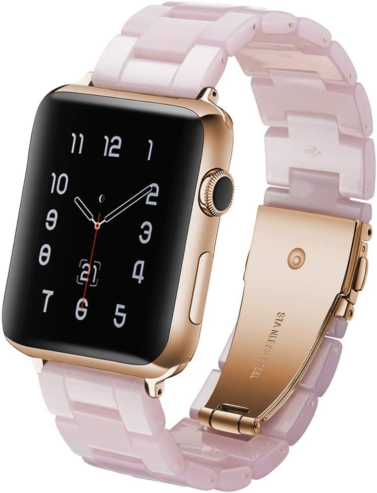 CAUNEDY Resin Watch Band for 42mm 44mm Apple Watch Series 5 4 3 2 1 with Stainless Steel Buckles Fashion Lightweight Sport Smart Watch Wristband Strap for Men Women(42/44mm,Sugar Pink)