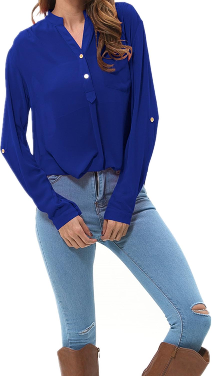 levaca Womens Blouse V Neck Button Cuffed Sleeve Loose Casual Chiffon Shirt Tops
