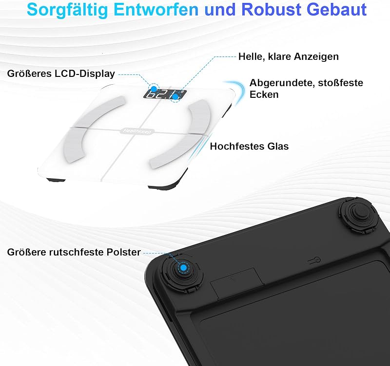 Intelligente Körperfettwaage mit 13 Körperzusammensetzungs-Messwerten, Intelligente Digitale Personenwaage Kompatibel mit iOS und Android, Max. 400 lb/180 kg, 26 × 26 cm