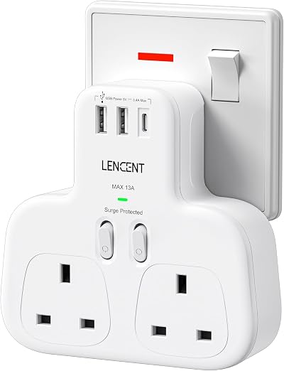 LENCENT Double Plug Adaptor with 1 USB-C and 2 USB Ports 13A 3250W