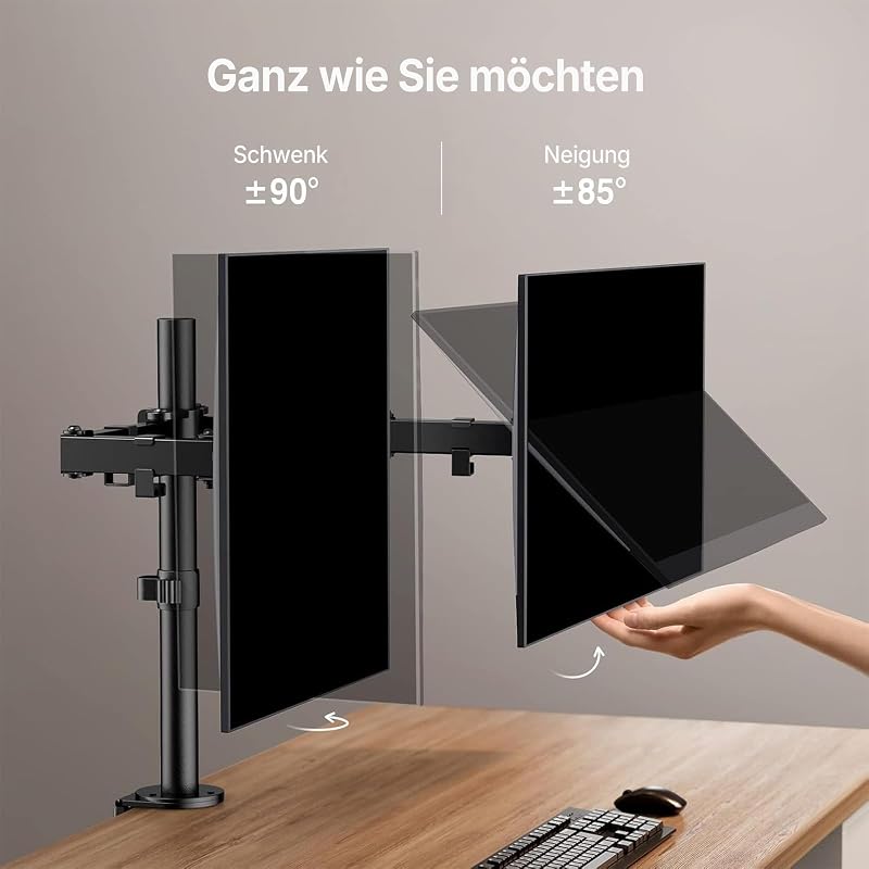 Monitor Halterung 2 Monitore für 13-32 Zoll Bildschirm, Bildschirmhalterung 2 Monitore Höhenverstellbar Neigbar Schwenkbar Drehungbar, VESA 75/100