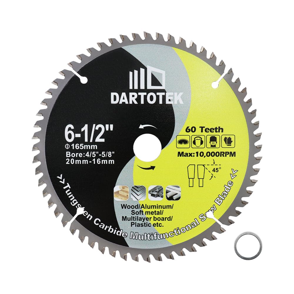 DARTOTEK TCT Carbide Saw Blade 60T Tipped Teeth Circular Multi Material Cutting Disc with 20/16mm Washer for Wood Aluminium Plastic 165mm