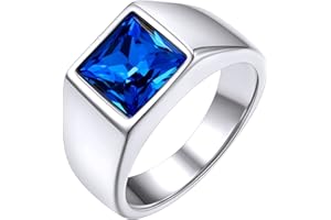 KeyStyle Square Gemstone Signet Rings for Men, Personalized Stainless Steel Pinky Ring with Black Onxy Blue Topaz Birthstone Statement Ring