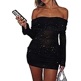 Uni Clau Women Sexy Off Shoulder Sparkly Mini Dresses Long Sleeve Bodycon Ruched Y2K Dress Mesh Birthday Party Club Dress
