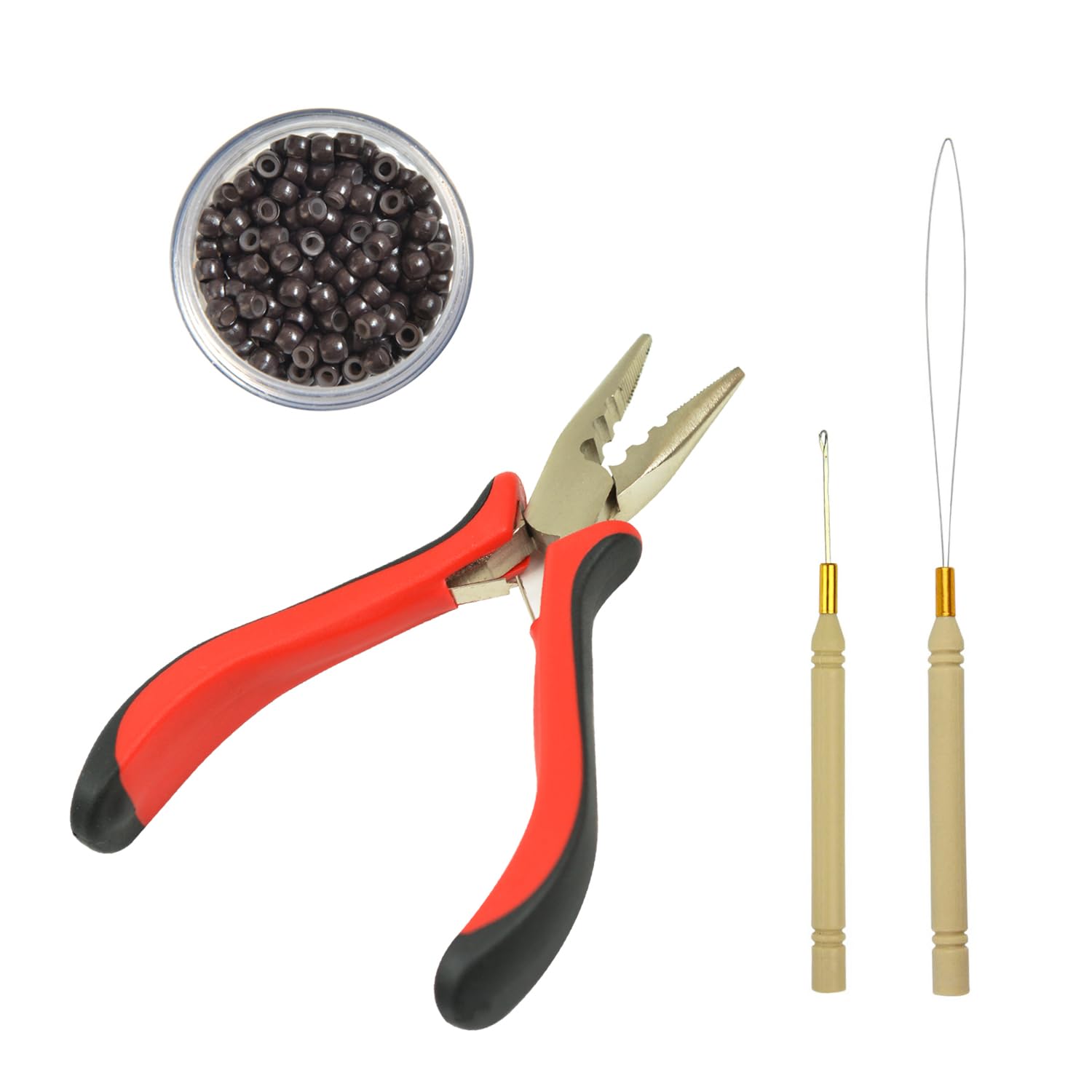 Hair Extensions Pliers Tool Kit 3-Hole Hair Pliers Pulling Hook Bead Device and 200 pcs Silicone Lined Micro Rings (3mm Dark Brown)