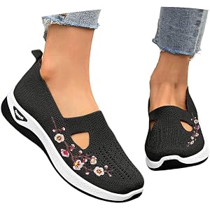 Cephalyxion Orthopedic Wedge Walking Shoes for Women Dressy Arch Support Closed Toe Knit Flower Embroidered Sneakers Casual S