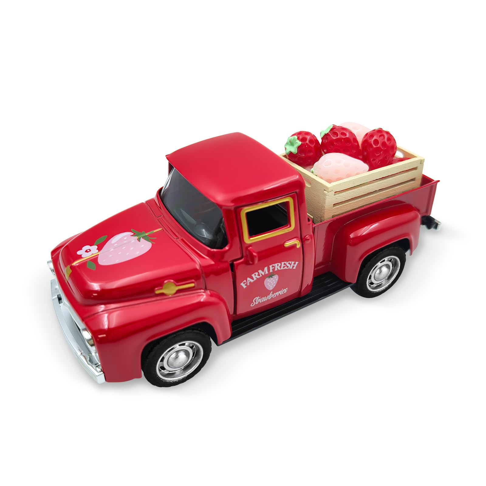 Strawberry Decor Red Vintage Truck with Mini Fake Strawberries and Wooden Crate Farmhouse Tiered Tray Decor Berry Sweet Spring Summer Kitchen Centerpieces for Tables Strawberry Shortcake Decorations