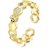 YAFEINI Bee Rings Sterling Silver Honey Adjustable Rings Bee Christmas Jewelry for Women