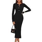 MEROKEETY Women's Bodycon Sweater Dress 2025 Fall Winter Long Sleeve Button Crew Neck Ribbed Knit Midi Work Dresses