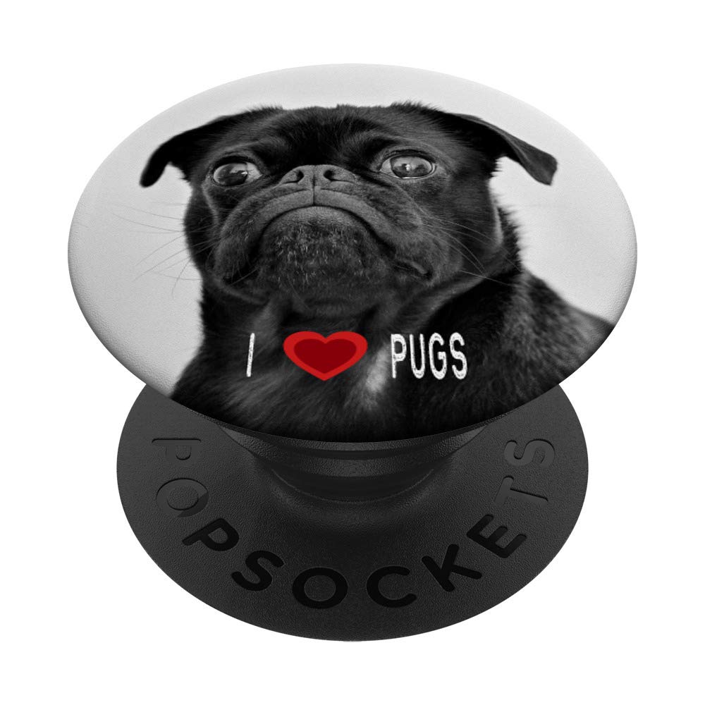 I Love Pugs Red Double Heart Black Pug On Grey Background PopSockets Grip and Stand for Phones and Tablets