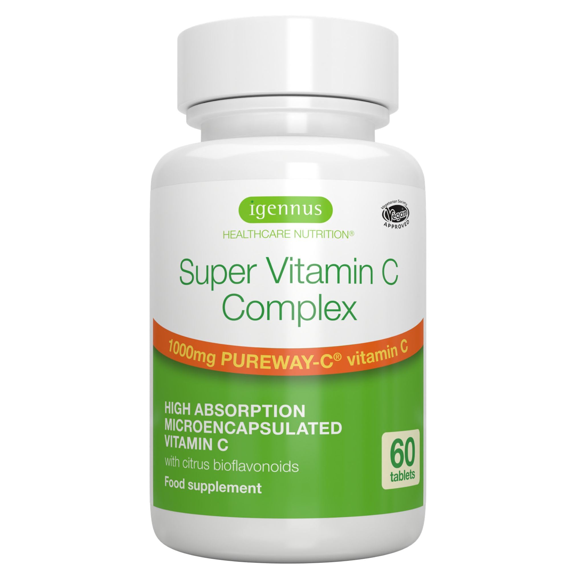 Igennus Super Vitamin C Complex 1000mg, High Absorption 24-Hour Action Pureway-C, Clean Ingredients, Non-Acidic & Gentle, Vegan, 60 One-A-Day Tablets