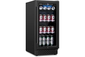 COLOZO 15 Inch Black Beverage Refrigerator Under Counter, 130 Cans Built-in/Freestanding Beverage Cooler, Mini Bar Fridge with Double Tempered Glass Door&Lock, Beverage Fridge for Drink Beer Soda Wine