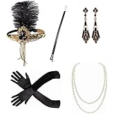 1920s Dresses for Women,Roaring 20s Outfit with Accessories Set for Wedding,Black Flapper Headbands with Pearl Necklace.