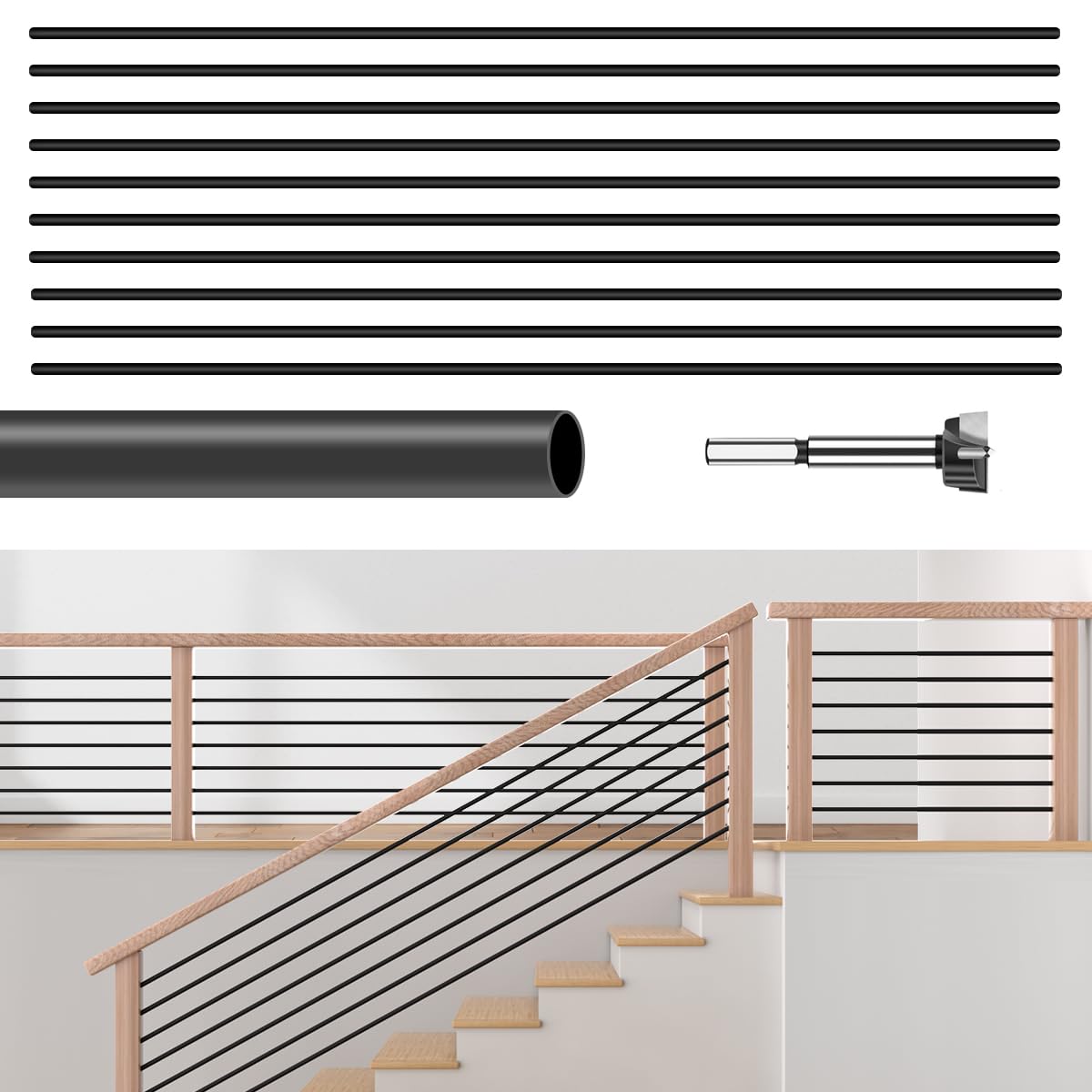 Photo 1 of 10 Pack 8 FT x 5/8 inch Iron Stair Balusters Round Horizontal Bar Baluster, Matte Black Hollow Stair Baluster for Indoor Staircase