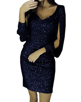 Kenoce Partykleid Damen Sexy Abendkleider Elegante Festliches Kleid Fransen Langarm V-Ausschnitt Cocktailkleid für Hochzeit M