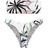 GORGLITTER Women's Strapless Bandeau Swimsuits Tropical High Cut Thong Cheeky Bikini Set Bathing Suit