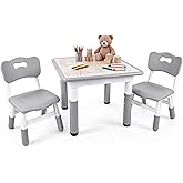 Pterying Toddler Table and Chair Set, Graffiti Tabletop, 2 Chairs, Grey | Adjustable Height, Ages 2-8, for Home Preschool Daycare Drawing Eating Learning and Playing
