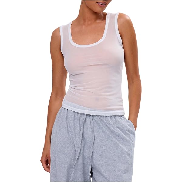 RoseSeek Women’s Sheer Square Neck Tank Top — Stretchy, Sleeveless, Fitted, Perfect For Summer, Beach & Casual Wear