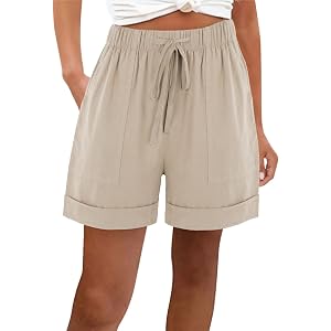 Women’s Linen Shorts Bermuda Elastic High Waist Drawstring Casual Summer Beach Vacation Pants with Pockets