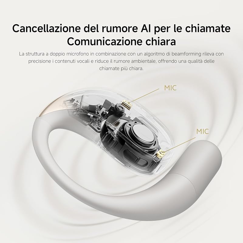 OpenWear Stereo, Cuffie Bluetooth, custodia di ricarica, Hi-Res Audio con driver dinamico, Fino a 38,5 ore di ascolto, Doppio microfono con riduzione del rumore, Design Ergonomico, Beige