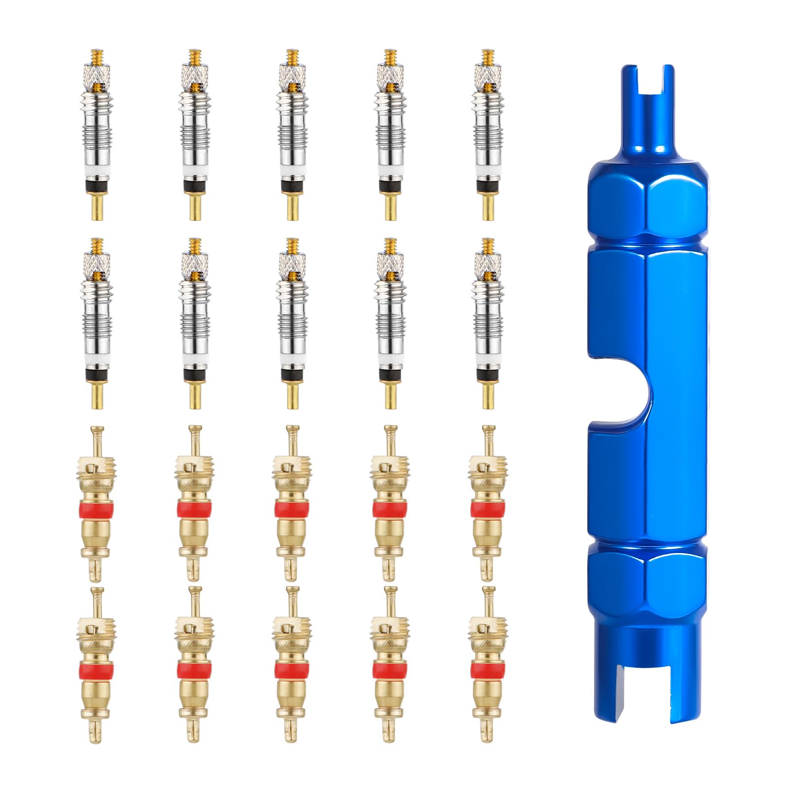 NQEUEPN 20pcs Universal Fit Bicycle & Motorbike Valve Core Replacement Kit, Brass & Alloy, Blue, Bike Accessory, Tire Valve Stem Cap