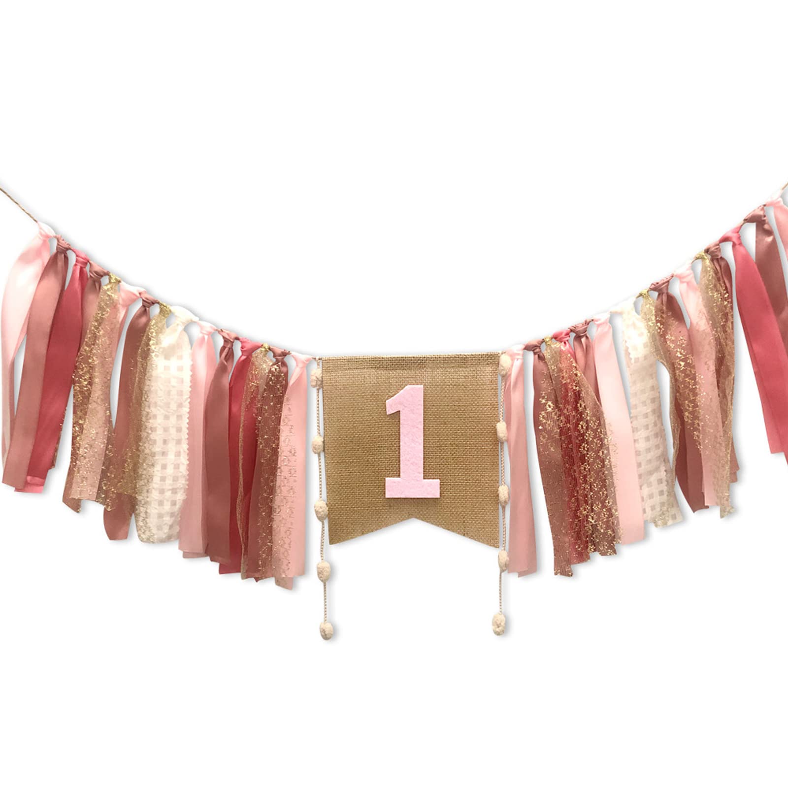 URROMA 1st Birthday Girl Highchair Decoration, 1 Pcs Pink First Birthday High Chair Banner Ribbon Banners for Baby Shower Party Photo Props Decoration
