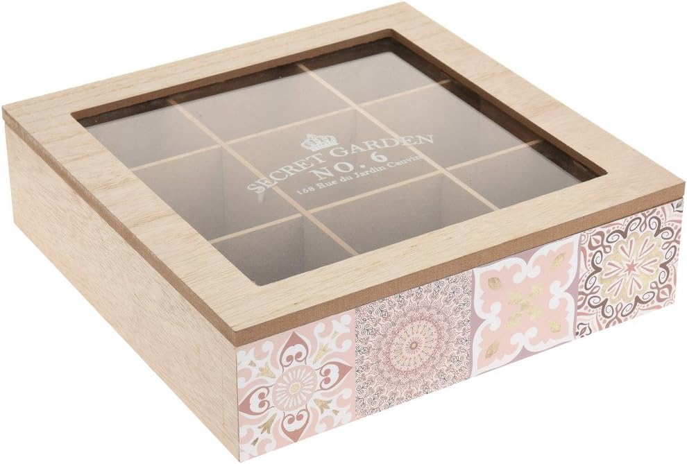 Wooden tea tray with 9 compartments, "Secret Garden", tea box, 24 x 24 x 7 cm