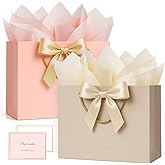 ANZNKU 2PCS Gift Bags, Paper Gift Bags with Handles 2 Ribbon 4 Tissue Paper 2 Cards, Medium Gifts Wrap Bag for Women Valentine, Baby & Bridal Shower, Birthday, Wedding, Party Favors (Beige+Pink)