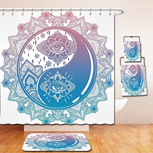 Nalahome Bath Suit: Showercurtain Bathrug Bathtowel Handtowel Ying Yang Decor Mandala Round Ombre Pattern with Yin Yang Third Eye Cultural Zen Decor Mystic Asian Art Pink Blue