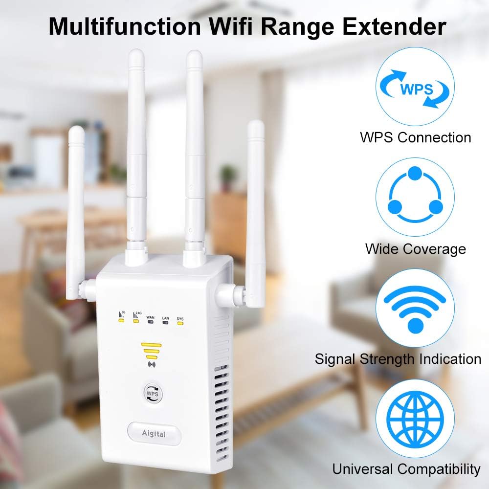 Aigital 1200Mbps WiFi Extender, Long Range WiFi Repeater 5G and 2.4G