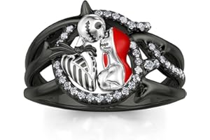 Jeulia Gothic Skull Diamond Rings: Sterling Silver Jack and Sally Skeleton Rings Band Halloween Romantic Nightmare Jewelry for Her Engagement Anniversary Christmas with Gifts Box