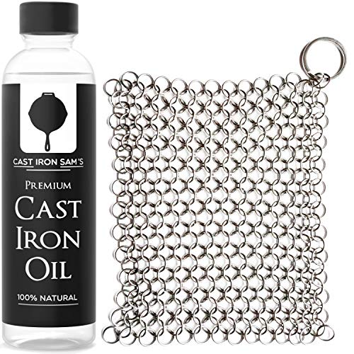 Stainless Steel Chainmail Cast Iron Scrubber and Seasoning Oil: Clean, Condition and Maintain Your Skillet, Dutch Oven, Grill Pan and all Castiron Cookware