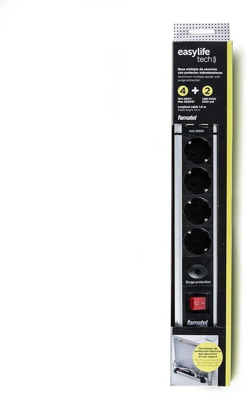 – Régua de alimentação em alumínio, 4 tomadas e 2 USB | Fichas com Interruptor Luminoso | 1,5 metros | Até 3680W | Proteção de Menores | Planos de orientação a 45º | Evitar o consumo fantasma | Preto