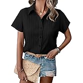 HOTOUCH Womens Button Down Shirt Short Sleeve Dress Shirt V Neck Collared Button Up Summer Tops Textured Work Blouse