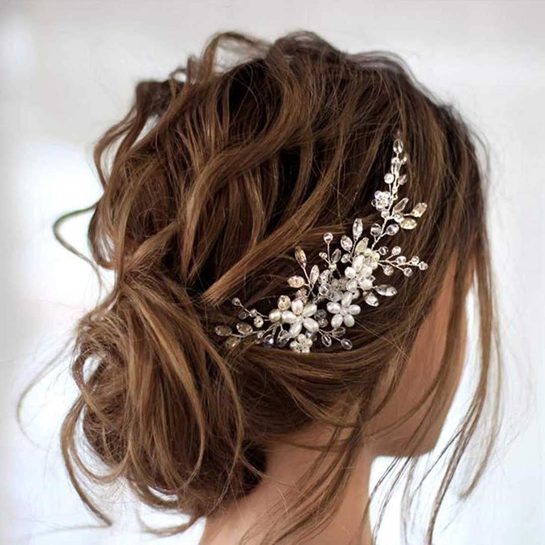 Prosy Bride Wedding Flower Hair Comb Slides Silver Bridal Crystal Hair Accessories Rhinestones Floral Headpieces for Women and Girls