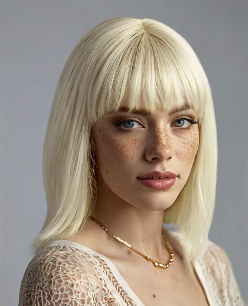PORSMEER Short Straight Bob Blonde Wigs with Fringe Shoulder Length Hair Colorful Wig for Women Girls Heat Resistant Synthetic Wig for Cosplay Halloween Party Wig 14 Inch 35cm