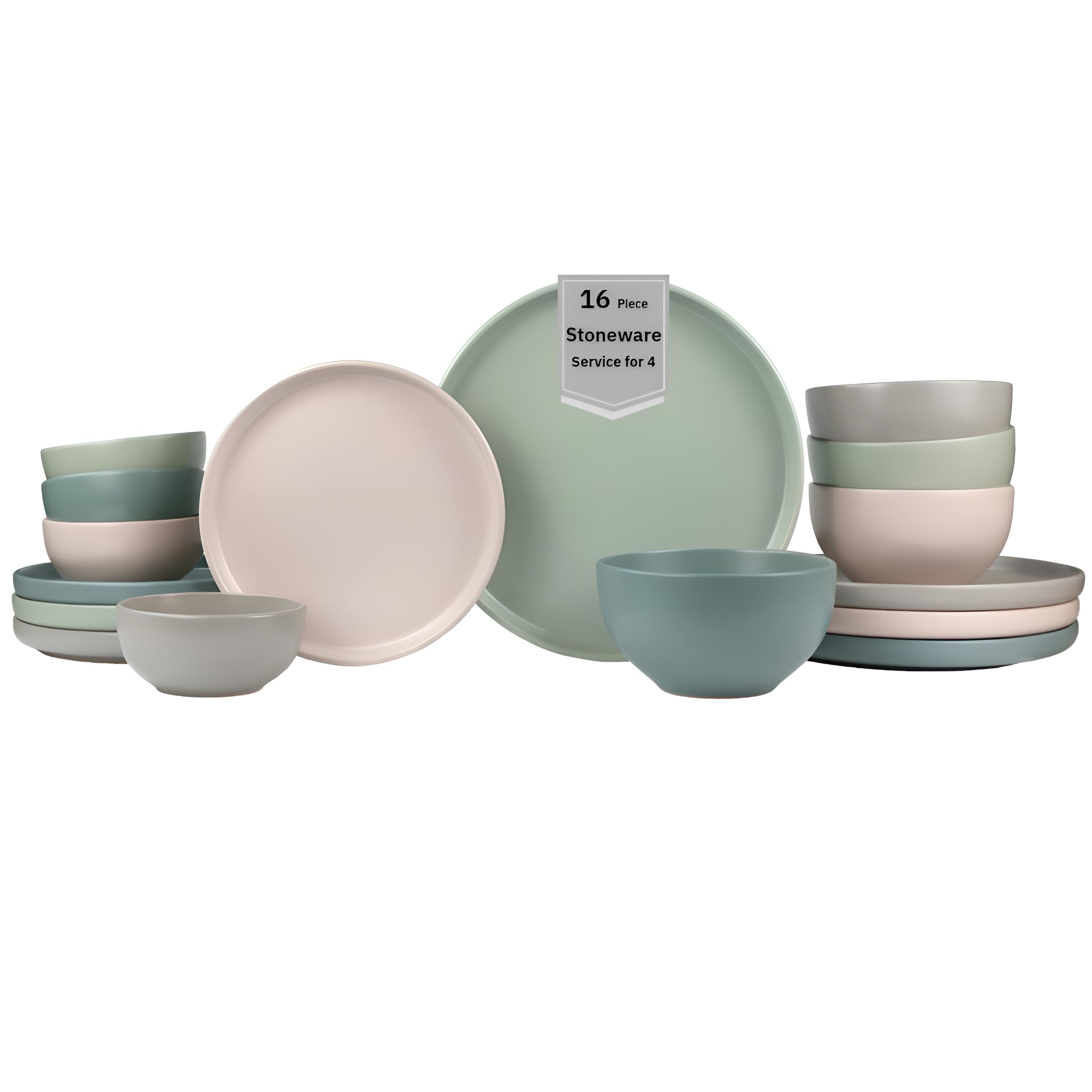 Sango 16-Piece Stoneware Dinnerware Set for 4, Satin Glazed Plates and Bowls Sets with Matte Finish, Ceramic Dish Set, Durable Kitchen Dishes, Microwave & Dishwasher Safe Dining, Rollo Artist's Blend Image