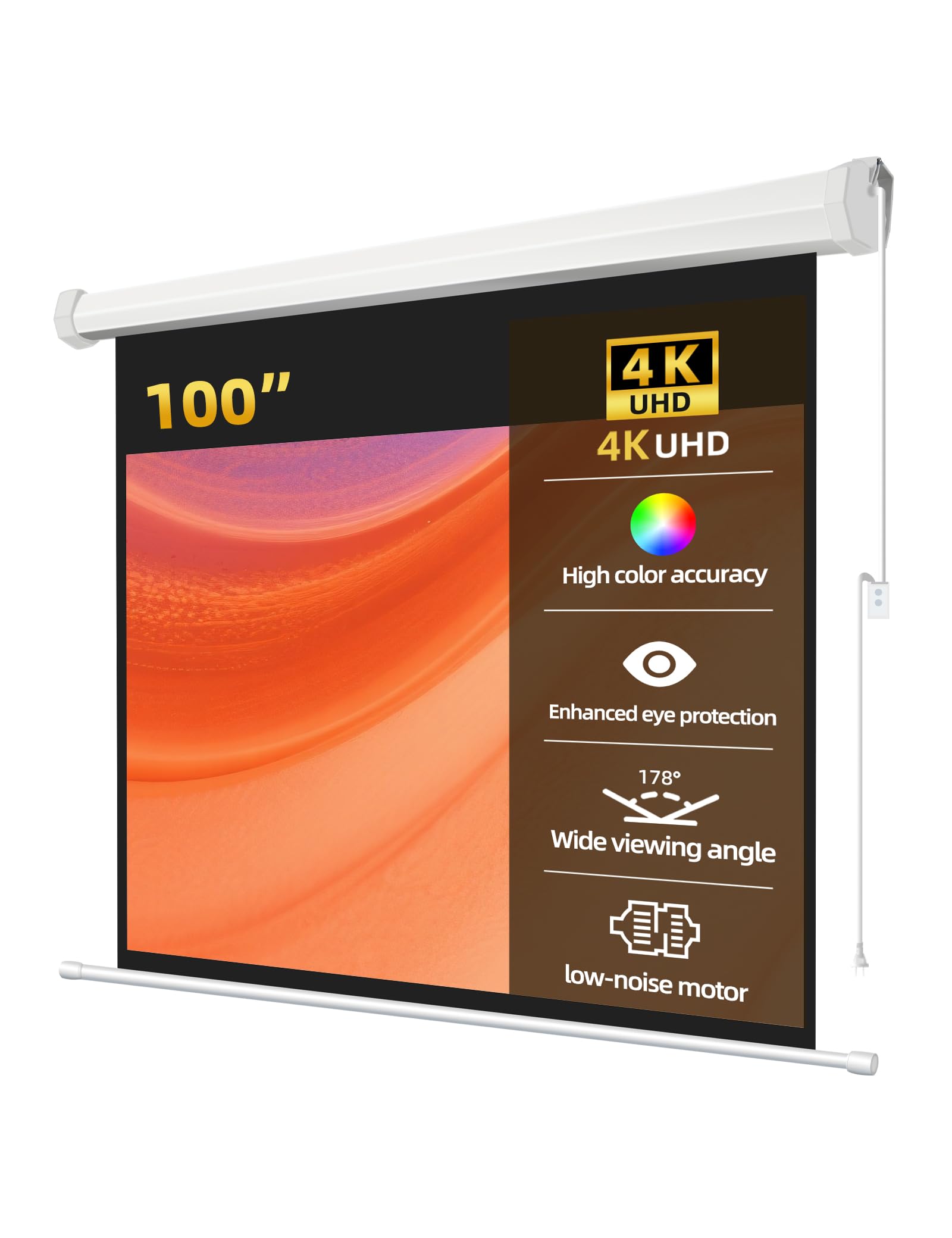 Photo 1 of 100" Matte White Motorized Projector Screen for UST Long/Standerd Throw Projector,178°Viewing Angle Movie Screen with Remote Control for Home Theater Presentation Education Wall/Ceiling Mount(16:9)