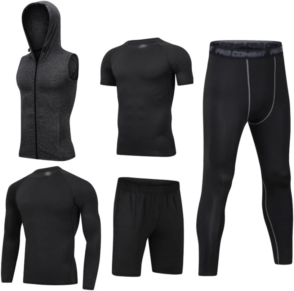 Dooxi Mens 5pcs Sports Gym Fitness Clothing Set Hoodies Jackets+Long Sleeve+Short Sleeve Base Layers T Shirts+Loose Fitting Shorts+Compression Pants for Workout Training Running Tracksuits
