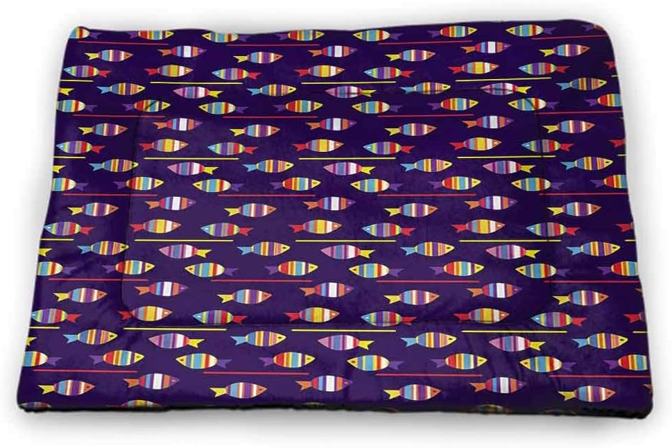 DayDayFun Fish Pad Pet Life of Tree of Funny Fish Figures on The Branches with Different s Print Pet Mats for Food and Water Blue and Black