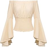 Scarlet Darkness Women Bell Sleeve Smocked Top Off The Shoulder Peasant Blouse Renaissance Pirate Shirt