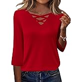 Rapbin Women Blouses Dressy Casual Spring Tops 3/4 Length Sleeve Womens T Shirts V Neck Criss Cross Tees