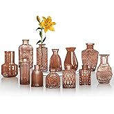 KUAGUINZUHE 12 Pcs Glass Bud Vase Set, Small Amber Vintage Flower Vases for Wedding Centerpieces in Bulk, Mini Embossed Vases for Home Table Decor, Party, Baby Shower Decorations