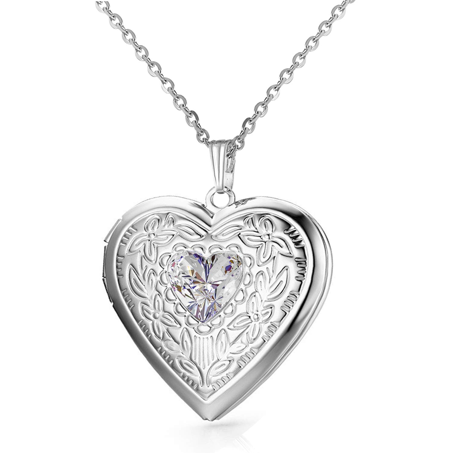 Birthstones Locket Necklace that Holds Pictures Love Heart Photo Locket Crystals Necklace Pendant Birthday Gifts (April)