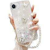 AuroiCCY for iPhone 16e (2025) Bling Case with Lanyard, Shockproof Cute 3D Butterfly Glitter Soft TPU Woman Girly Sparkle Shiny Phone Cover with Crystal Wrist Strap for (Clear)