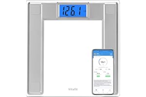 Vitafit 550lb Digital Bathroom Scale for Body Weight and BMI Via Smart APP, High Accuracy Assured by Weighing Professional Since 2001, 8mm Tempered Glass, Extra Large Blue Backlit LCD, Silver