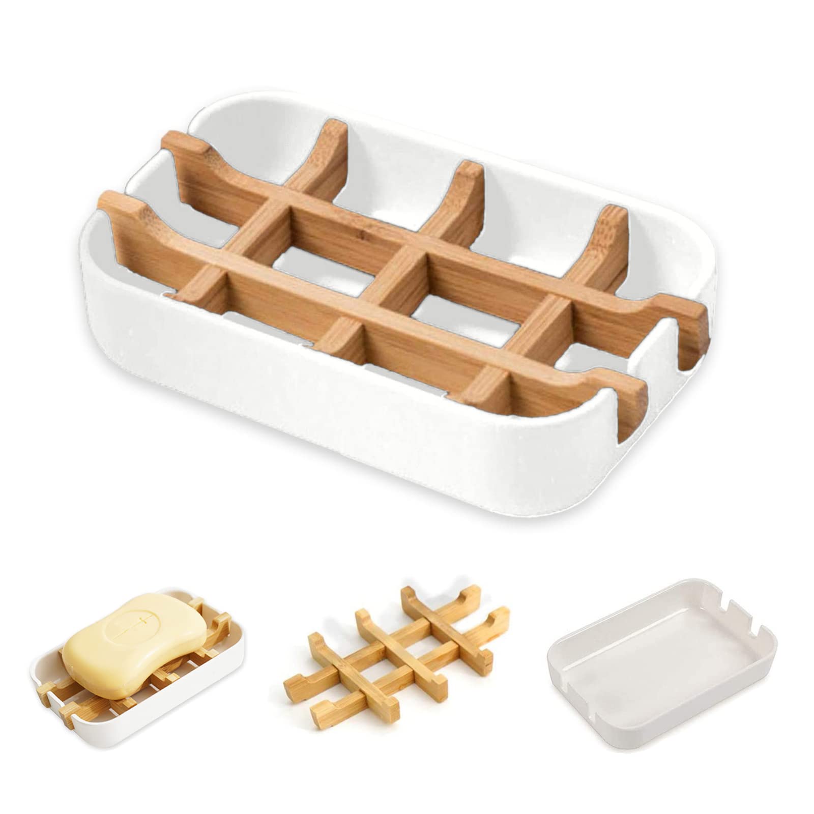 VEGCOO Bamboo soap holder, Natural Bamboo Soap Dish with Drainage Storage Holder, Durable Anti-Mould Natural Soap Box Soap Saver for Shower, Bathroom, Kitchen and Wash Basin (1 Pack White)